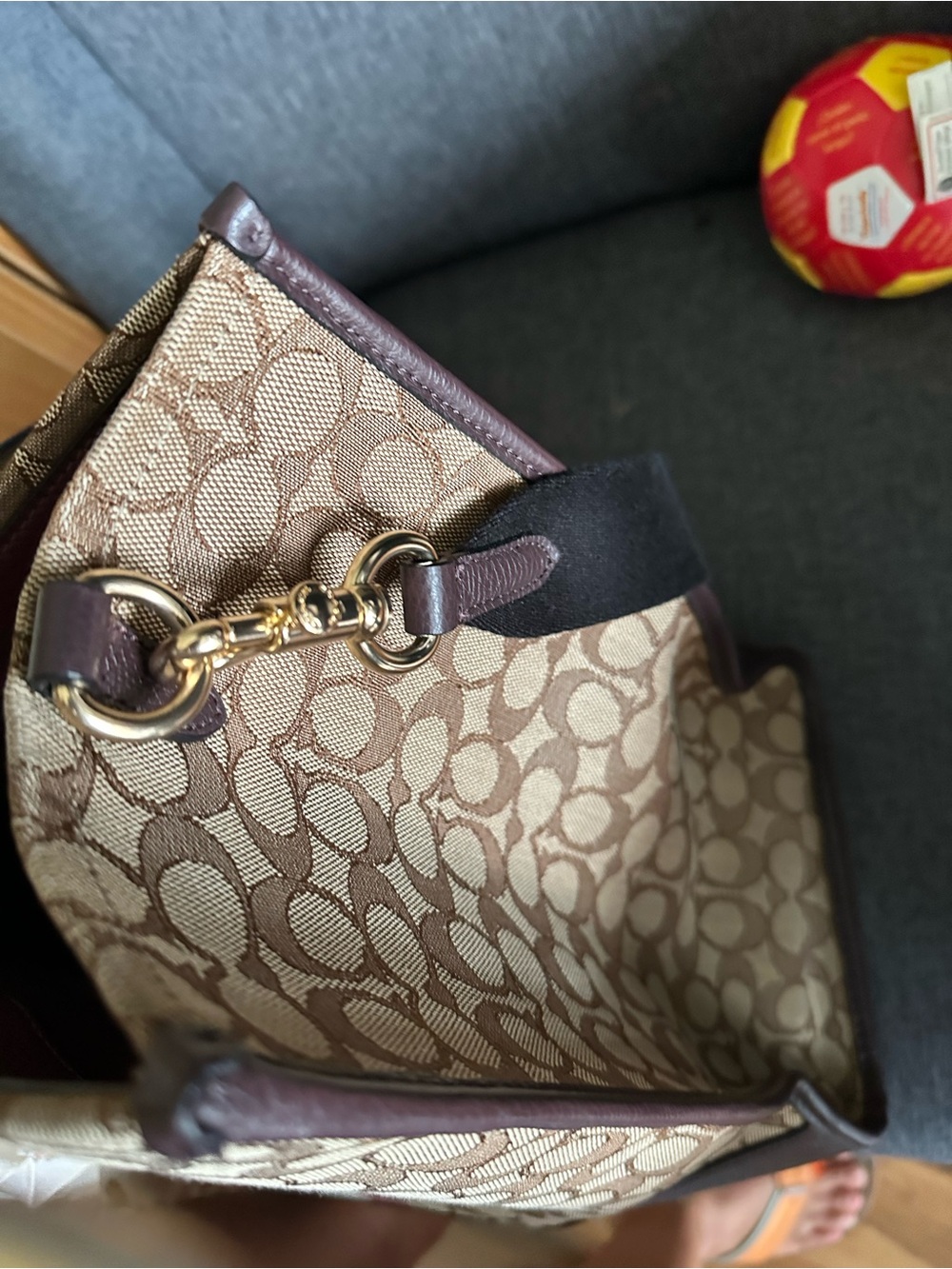 Coach Beige Canvas Tote with Burgundy Stripe and Brown Trim - Picture 4 of 9